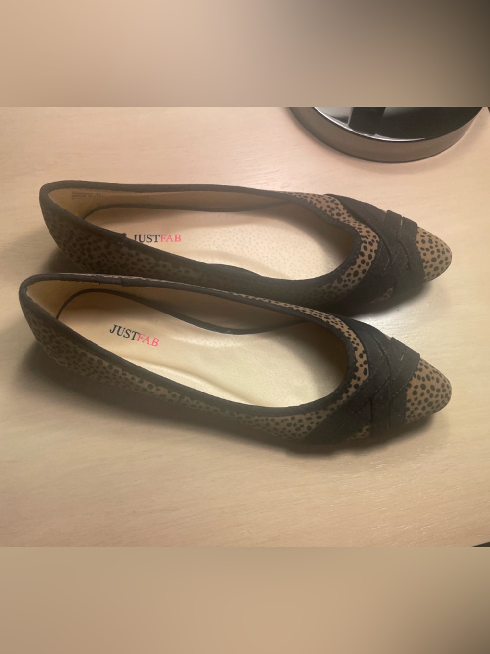 JustFab Brown Leopard Print and Black Trim Pointed Toe Flats 7.5